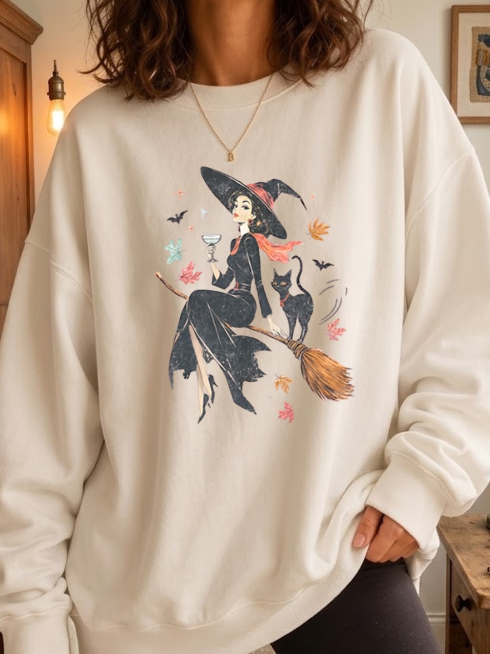 Gildan Cream Witch Graphic Pullover Sweatshirt, Halloween Shirt